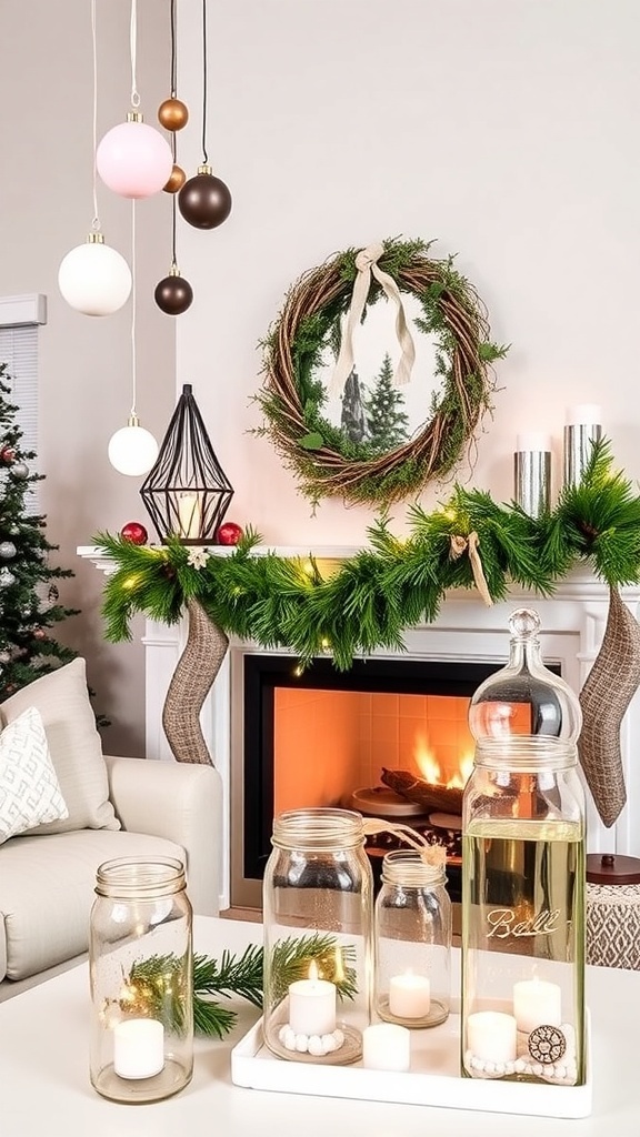 Modern DIY Christmas decorations including ornaments, garland, and candle holders in a cozy living room.